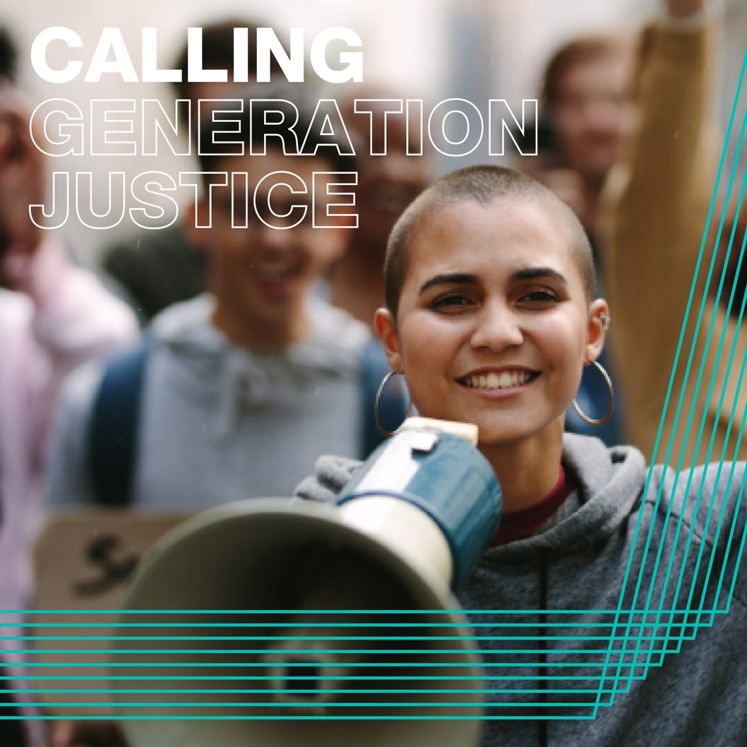 A young woman holding a megaphone at a protest, overlaid with the text